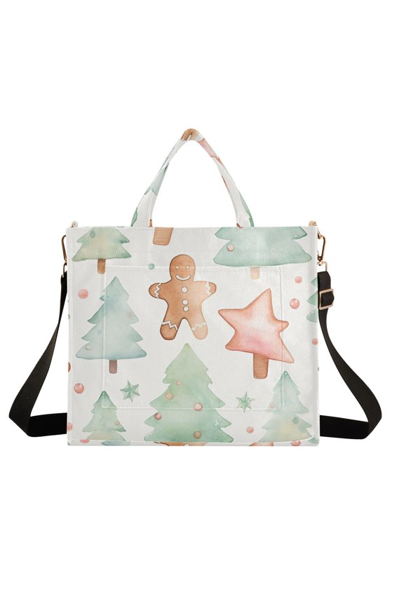 Gingerbread Man Cookies Trees Corduroy Tote Bag Handbag Large Messenger Bag Shoulder Crossbody Zipper Bag Purse