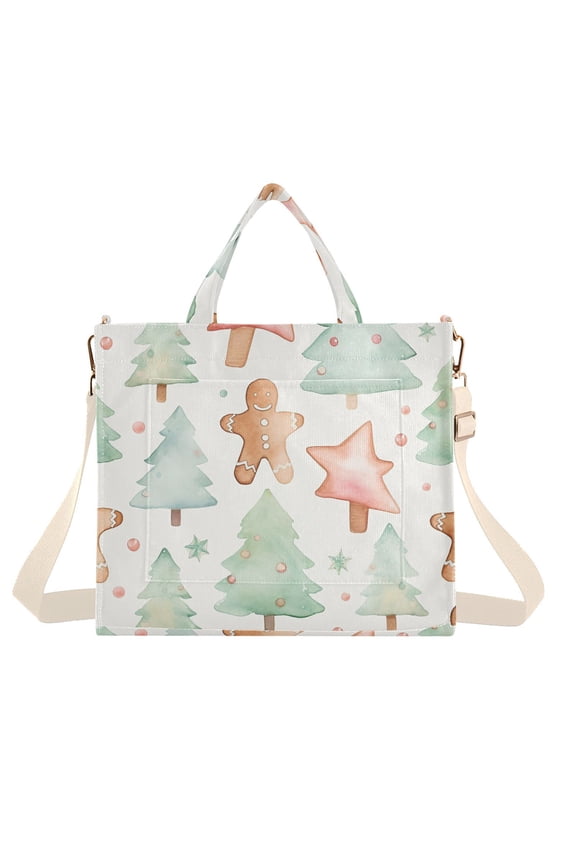 Gingerbread Man Cookies Trees Corduroy Tote Bag Handbag Large Messenger Bag Shoulder Crossbody Zipper Bag Purse