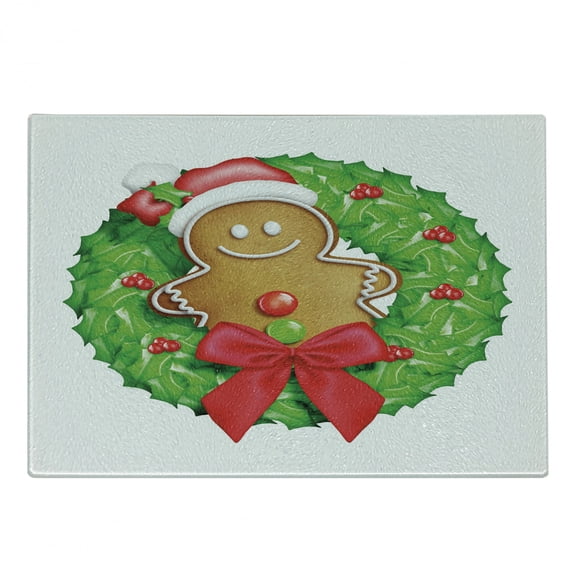 Gingerbread Man Cutting Board, Cartoon Christmas Wreath with Gingerbread Man Funny Happy Season, Decorative Tempered Glass Cutting and Serving Board, Small Size, Green Red Pale Brown, by Ambesonne