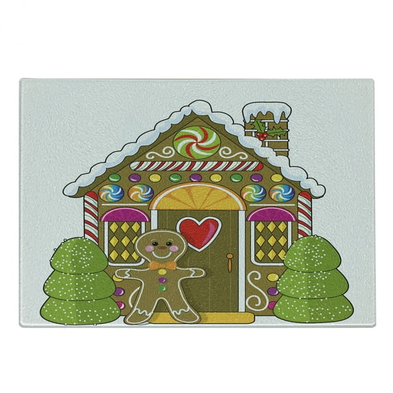 Gingerbread Man Cutting Board, Dessert Themed House Colorful Candies Cookie Man Graphic, Decorative Tempered Glass Cutting and Serving Board, Small Size, Multicolor, by Ambesonne