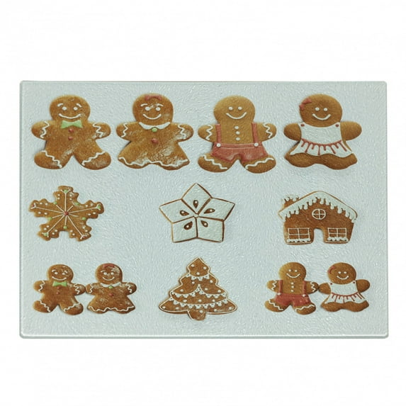 Gingerbread Man Cutting Board, Vivid Christmas Gingerbread Biscuits Set Snowflake House Tree, Decorative Tempered Glass Cutting and Serving Board, Small Size, Pale Brown White, by Ambesonne