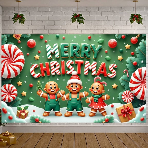 Gingerbread Man Design Christmas Banner Candy Cane Pattern Xmas Display Red Green Color Striped Design Holiday Backdrop for Christmas Party Family Reunion Holiday Photo Shoot