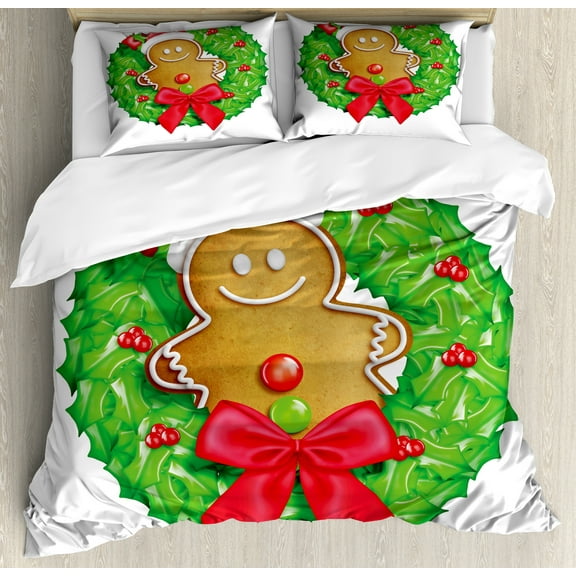Gingerbread Man Duvet Cover Set, Cartoon Christmas Wreath with Gingerbread Man Funny Happy Season, Decorative 3 Piece Bedding Set with 2 Pillow Shams, King Size, Green Red Pale Brown, by Ambesonne