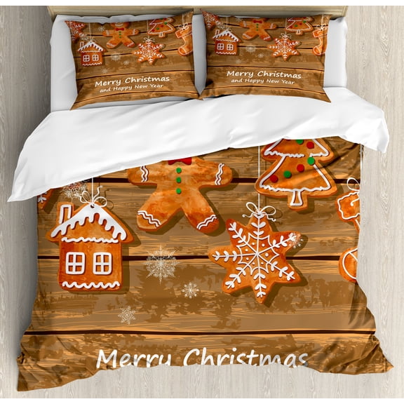 Gingerbread Man Duvet Cover Set, Funny Watercolor Cookies on Wooden Boards Delicious Xmas Pastry, Decorative 3 Piece Bedding Set with 2 Pillow Shams, Calking Size, Brown Orange White, by Ambesonne