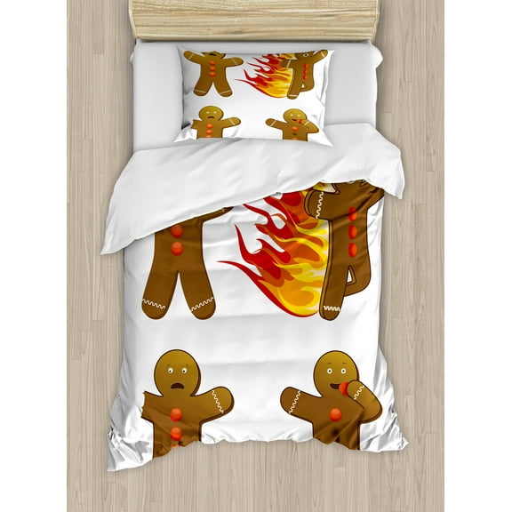 Gingerbread Man Duvet Cover Set, Gingerbread Man in Humorous Positions Caught Eaten Art, Decorative 2 Piece Bedding Set with 1 Pillow Shams, Twin Size, Caramel Yellow Red, by Ambesonne
