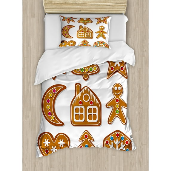 Gingerbread Man Duvet Cover Set, Graphic Gingerbread Sugar Biscuits with Colorful Dots Bonbons Print, Decorative 2 Piece Bedding Set with 1 Pillow Shams, Twin Size, Brown Multicolor, by Ambesonne