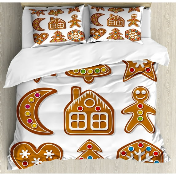 Gingerbread Man Duvet Cover Set, Graphic Gingerbread Sugar Biscuits with Colorful Dots Bonbons Print, Decorative 3 Piece Bedding Set with 2 Pillow Shams, Queen Size, Brown Multicolor, by Ambesonne