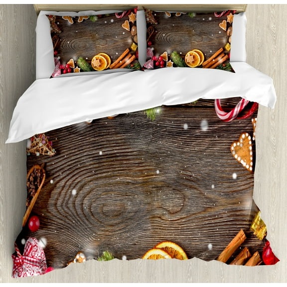 Gingerbread Man Duvet Cover Set King Size, Festive Christmas Frame with Spices Biscuits Elements on Table Art Print, Decorative 3 Piece Bedding Set with 2 Pillow Shams, Multicolor, by Ambesonne
