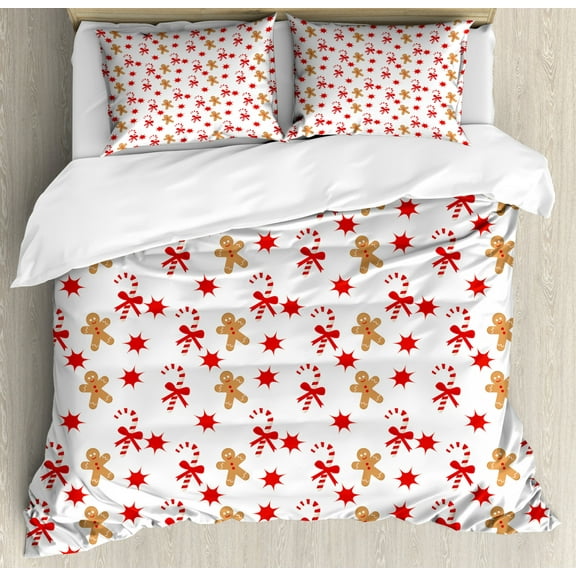 Gingerbread Man Duvet Cover Set Queen Size, Candy Cane with Bowties Red Star Figures Gingerbread Man Pattern, Decorative 3 Piece Bedding Set with 2 Pillow Shams, Sand Brown Orange, by Ambesonne