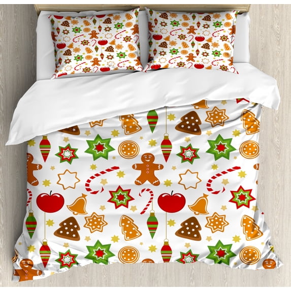 Gingerbread Man Duvet Cover Set Queen Size, Festive Christmas Icons Graphic Pattern Star Figures Cookies Apples Bells, Decorative 3 Piece Bedding Set with 2 Pillow Shams, Multicolor, by Ambesonne