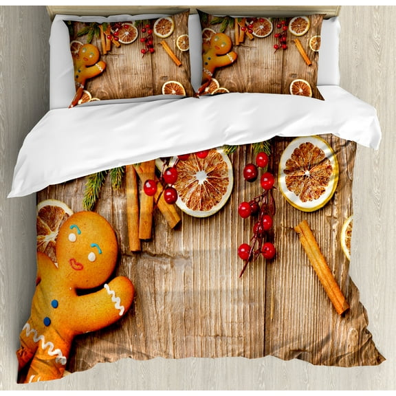 Gingerbread Man Duvet Cover Set, Rustic Composition with Holly Berry Orange Slice Cinnamon and Biscuit, Decorative 3 Piece Bedding Set with 2 Pillow Shams, Calking Size, Brown Orange Red, by Ambesonne