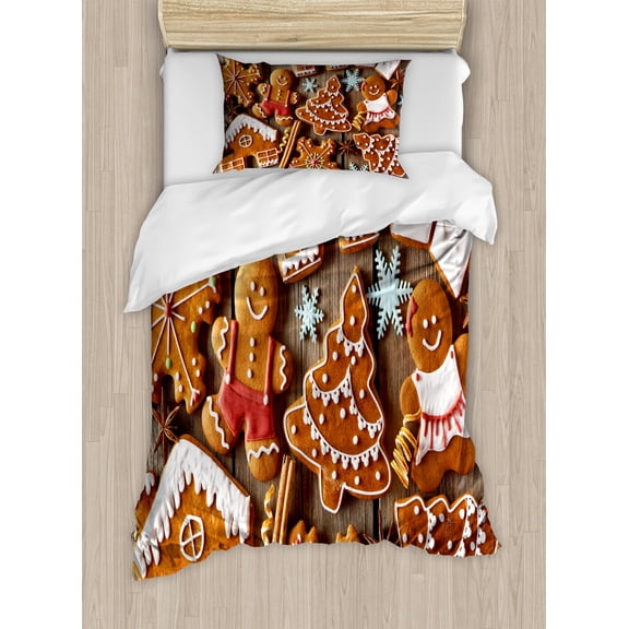 Gingerbread Man Duvet Cover Set, Tasty Looking Traditional Cookies Little Snowflakes Cinnamon, Decorative 2 Piece Bedding Set with 1 Pillow Shams, Twin Size, Umber Pale Brown White, by Ambesonne
