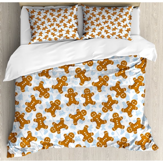 Gingerbread Man Duvet Cover Set, Traditional Christmas Cookie Pattern Tile, Decorative 3 Piece Bedding Set with 2 Pillow Shams, Queen Size, Pale Caramel Pale Blue, by Ambesonne