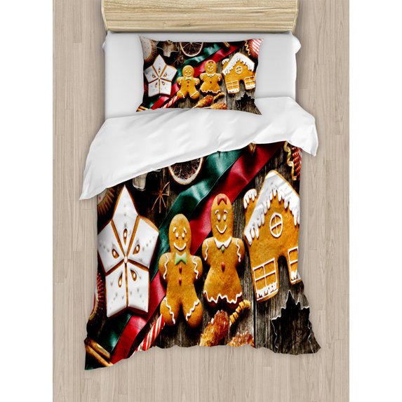 Gingerbread Man Duvet Cover Set Twin Size, Delicious Homemade Cookies Dried Fruits and Bakery Tools Festive Rustic, Decorative 2 Piece Bedding Set with 1 Pillow Sham, Multicolor, by Ambesonne