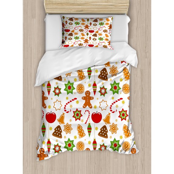 Gingerbread Man Duvet Cover Set Twin Size, Festive Christmas Icons Graphic Pattern Star Figures Cookies Apples Bells, Decorative 2 Piece Bedding Set with 1 Pillow Sham, Multicolor, by Ambesonne
