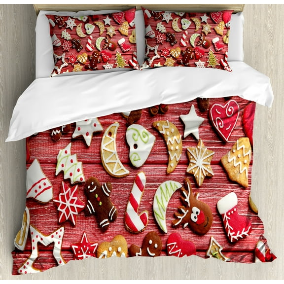 Gingerbread Man Duvet Cover Set, Variety of Christmas Cookies on Wooden Table Traditional Sugary Treats, Decorative 3 Piece Bedding Set with 2 Pillow Shams, King Size, Red Brown White, by Ambesonne