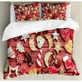 thumbnail image 1 of Gingerbread Man Duvet Cover Set, Variety of Christmas Cookies on Wooden Table Traditional Sugary Treats, Decorative 3 Piece Bedding Set with 2 Pillow Shams, Queen Size, Red Brown White, by Ambesonne, 1 of 3