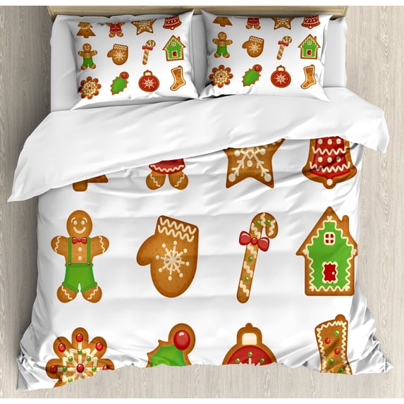 Gingerbread Man Duvet Cover Set, Various Biscuits in Different Shapes Delicious Bakery Goodies, Decorative 3 Piece Bedding Set with 2 Pillow Shams, Calking Size, Pale Brown Green Red, by Ambesonne