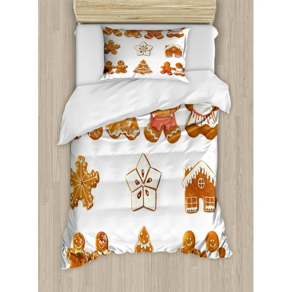 Gingerbread Man Duvet Cover Set, Vivid Christmas Gingerbread Biscuits Set Snowflake House Tree, Decorative 2 Piece Bedding Set with 1 Pillow Shams, Twin Size, Pale Brown White, by Ambesonne