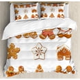 thumbnail image 1 of Gingerbread Man Duvet Cover Set, Vivid Christmas Gingerbread Biscuits Set Snowflake House Tree, Decorative 3 Piece Bedding Set with 2 Pillow Shams, Calking Size, Pale Brown White, by Ambesonne, 1 of 2