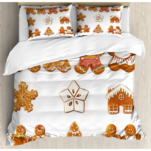 Gingerbread Man Duvet Cover Set, Vivid Christmas Gingerbread Biscuits Set Snowflake House Tree, Decorative 3 Piece Bedding Set with 2 Pillow Shams, Calking Size, Pale Brown White, by Ambesonne