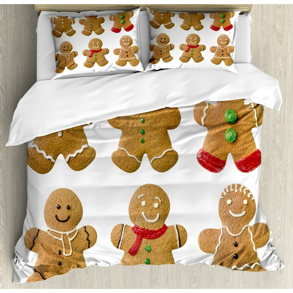 Gingerbread Man Duvet Cover Set, Vivid Homemade Biscuits Sugary Xmas Treats Tasty Pastry, Decorative 3 Piece Bedding Set with 2 Pillow Shams, Calking Size, Pale Brown Red Green, by Ambesonne