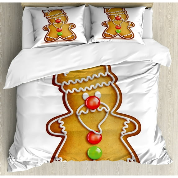 Gingerbread Man Duvet Cover Set, Whimsical Cartoon Santa Gingerbread Man with Bonbon Candies, Decorative 3 Piece Bedding Set with 2 Pillow Shams, Calking Size, Pale Brown Red Green, by Ambesonne