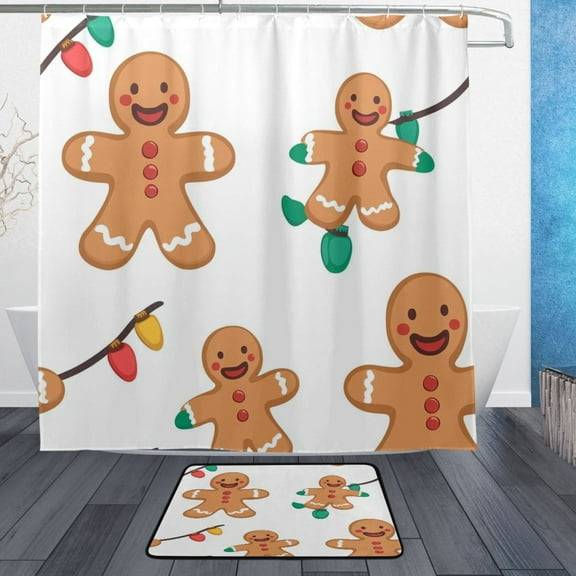 Gingerbread Man Element Bathroom Accessory Sets Waterproof Shower Curtain with Anti-Slip Bath Mat Durable Combo