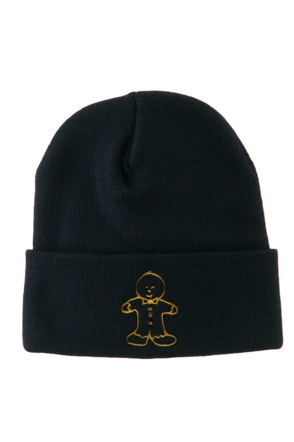 Gingerbread Man Embroidered Long Beanie - Navy OSFM