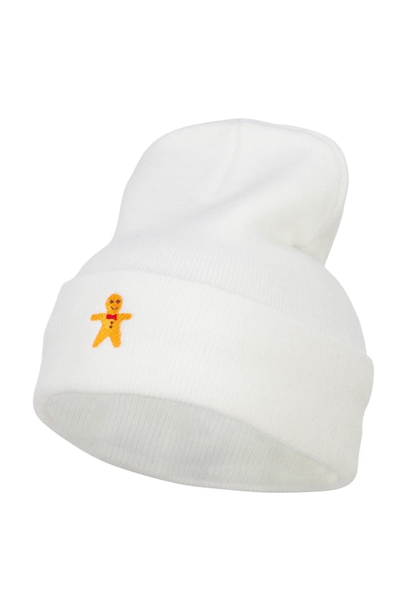 Gingerbread Man Embroidered Long Knitted Beanie - White OSFM