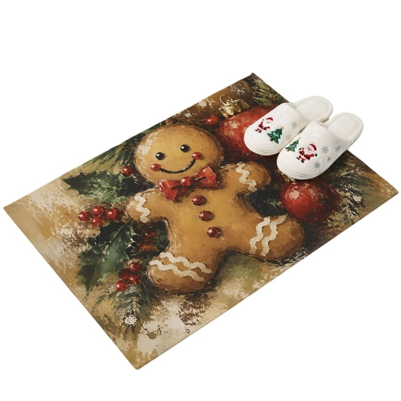 Gingerbread Man Entryway Rug 2'x3' Rustic Christmas Winter Holly Leaves Oil Painting Small Area Rug Non-Slip Front Door Mat Washable Floor for Front‑Door Area, Kitchen Sink Zone, Bathroom