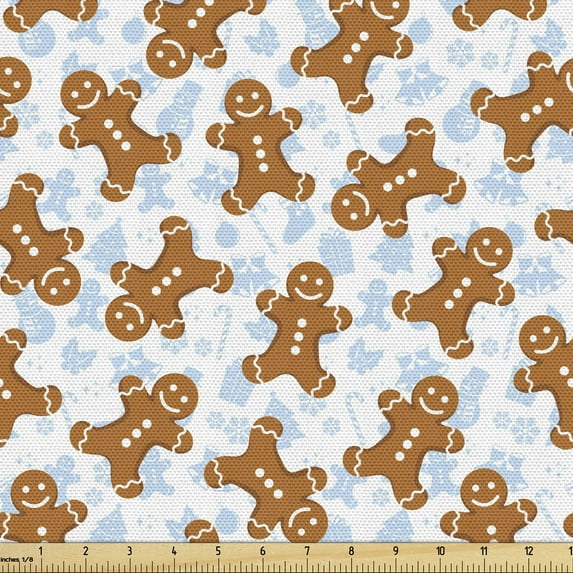 Ambesonne Gingerbread Man Fabric by the Yard Upholstery, Tile, 3 Yards, Pale Caramel Pale Blue