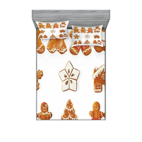 Gingerbread Man Fitted Sheet & Pillow Sham Set, Vivid Christmas Gingerbread Biscuits Set Snowflake House Tree, Decorative Printed 6 Piece Bedding Decor Set, Full, Pale Brown White, by Ambesonne