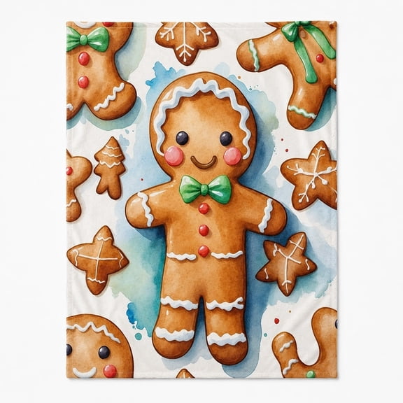 Gingerbread Man Watercolor Christmas Cookie Holiday Fleece Throw Blanket, Soft 280 Gsm Polyester, Christmas Home Decor Gift