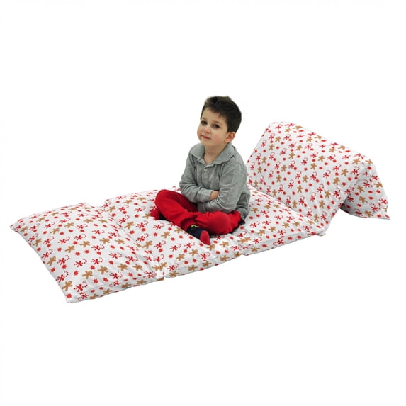 Gingerbread Man Floor Pillow Lounger Cover, Candy Cane Bowties Red Star Christmas Cookie Pattern, Nap Mat Printed Fabric Case for 5 Pillows, 88" x 27", Sand Brown Orange, by Ambesonne