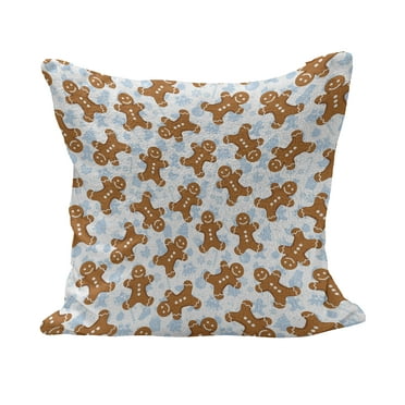 Gingerbread Man Fluffy Throw Pillow Cushion Cover, Traditional Christmas Cookie Pattern Tile, Decorative Square Accent Pillow Case, 20" x 20", Pale Caramel Pale Blue, by Ambesonne