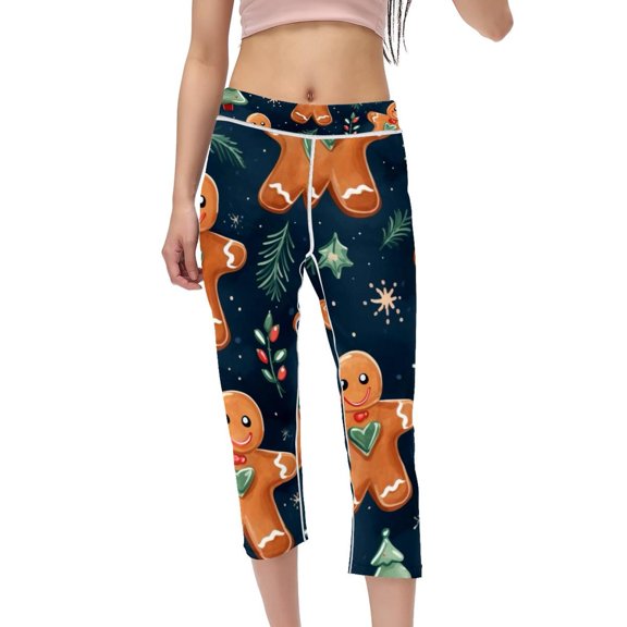 Gingerbread Man High Waist Capris Women's Yoga Leggings Compression Gym Pants for Running Fitness Printed Non See-Through