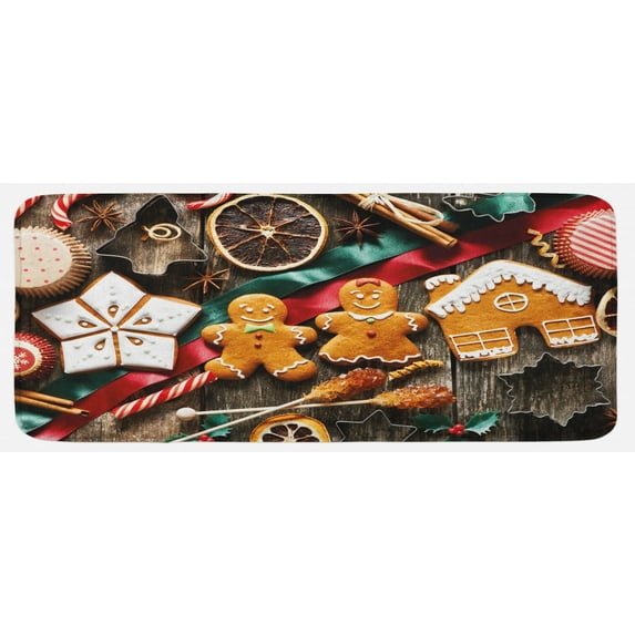 Gingerbread Man Kitchen Mat, Delicious Homemade Cookies Dried Fruits and Bakery Tools Rustic, Plush Decorative Kitchen Mat with Non Slip Backing, 47" X 19", Multicolor, by Ambesonne