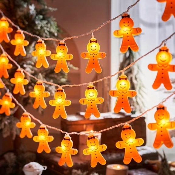 Gingerbread Man LED String Lights - Battery-Operated Fairy Lights for Festive Holiday Decor