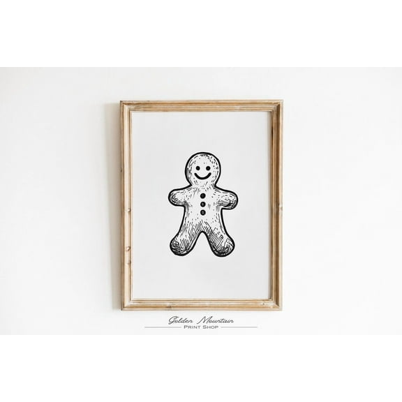 Gingerbread Man Line Art, Minimalist Winter Wall Decor, Kitchen, Scandinavian Black And White Winter Art Warm Present Vintage UNFRAMED Poster Size 8x12