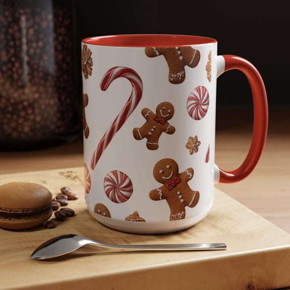 Gingerbread Man Mug, Cozy Christmas Coffee Mug, Cute Winter Hot Cocoa Mug, Christmas Peppermint Candy Cane Pattern Cup, Cookie Tea Mug