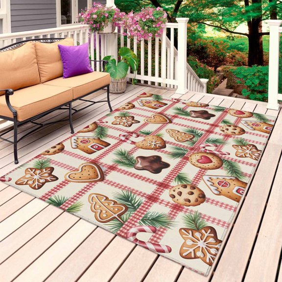 Gingerbread Man Outdoor Rug 4x6 Ft, Non Slip Washable Area Rug, Christmas Pine Needles Cookies Plaid Patio Rugs Carpet Runner, Large Floor Mat for Indoor/Outdoor Deck Porch Camping