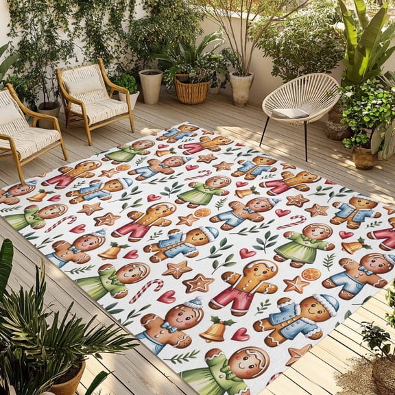 Gingerbread Man Outdoor Rug for Patio/Deck/Porch, Non-Slip Large Area Rug 5 x 7 Ft, Boys Girls Candy Fruits Star Indoor Outdoor Rugs Washable Area Rugs, Reversible Camping Rug Carpet Runner
