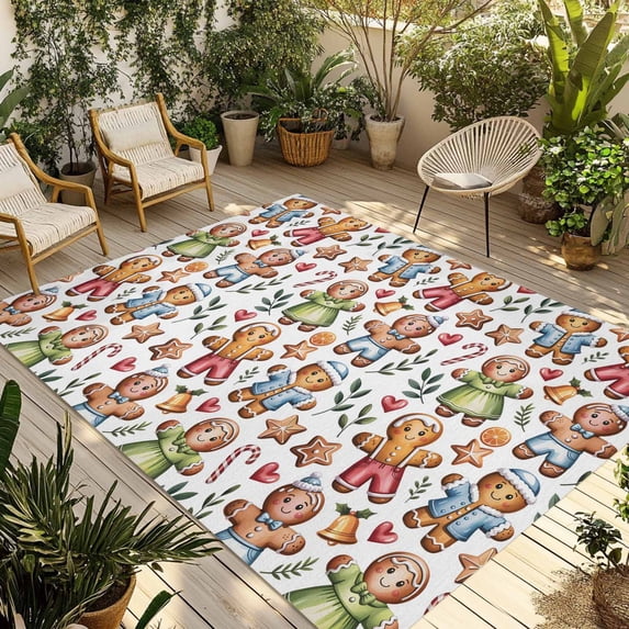 Gingerbread Man Outdoor Rug for Patio/Deck/Porch, Non-Slip Large Area Rug 5 x 7 Ft, Boys Girls Candy Fruits Star Indoor Outdoor Rugs Washable Area Rugs, Reversible Camping Rug Carpet Runner