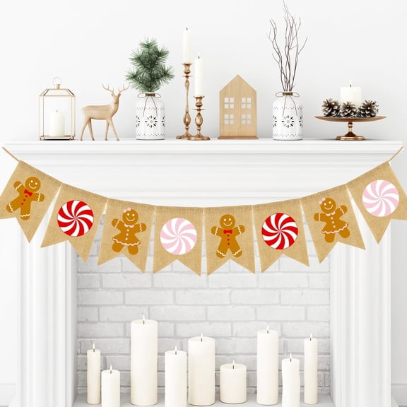Gingerbread Man & Peppermint Candy Burlap Banner, Rustic Jute Pennant Garland for Christmas Winter Holiday Farmhouse Mantel Wall Decorations