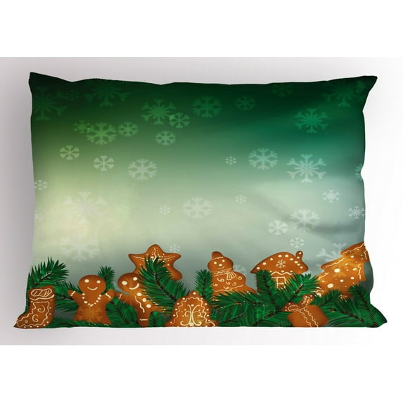 Gingerbread Man Pillow Sham Christmas Background with Xmas Cookies Snowflakes and Fir Branches, Decorative Standard King Size Printed Pillowcase, 36 X 20 Inches, Green Pale Brown, by Ambesonne