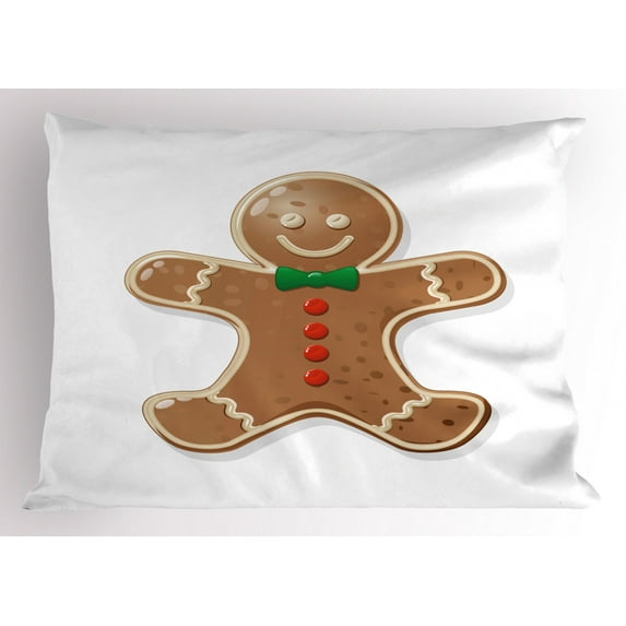Gingerbread Man Pillow Sham Iconic Seasonal Baked Pastry Sugary Treats for Kids Joyous Fun Xmas, Decorative Standard King Size Printed Pillowcase, 36 X 20 Inches, Caramel Red Green, by Ambesonne