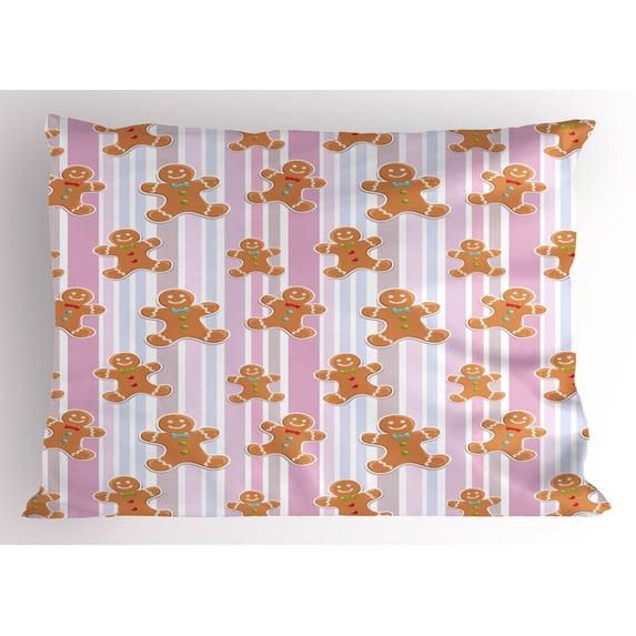 Gingerbread Man Pillow Sham Kids Pattern with Pastel Colored Striped Backdrop Cute Bakery Xmas Goodies, Decorative Standard Queen Size Printed Pillowcase, 30 X 20 Inches, Multicolor, by Ambesonne