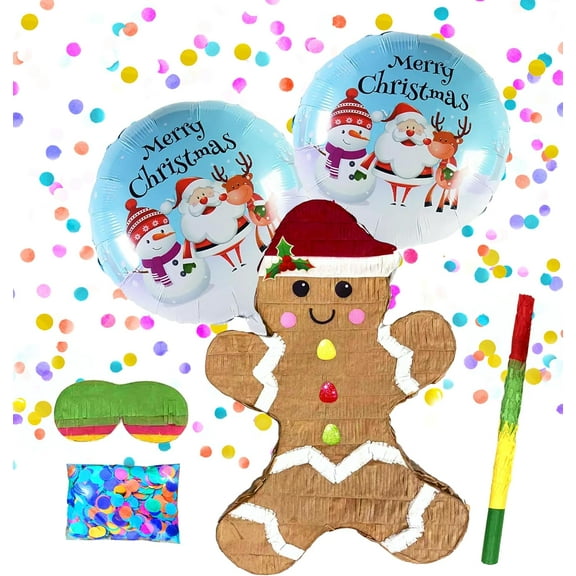 Gingerbread Man Pinatas Perfect Christmas Decorations for Themed Celebrations and Holiday Party Games Includes Busterstick, Blindfold, Confetti and 2 Merry Chirstmas Ballons