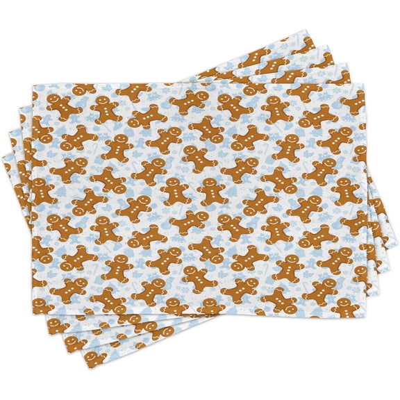 Gingerbread Man Place Mats Set of 4, Traditional Christmas Cookie Pattern Tile, Washable Fabric Placemats for Dining Table, Standard Size, Light Caramel
